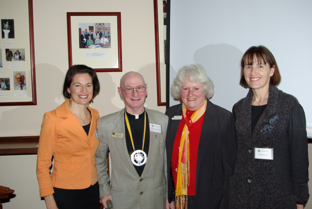 Dr Russell Hardiman is flanked by UNDA staffers Angela Bendotti, at left, Dr Angela McCarthy, at right, and UNDA Vice Chancellor Celia Hammond after being presented with the university’s Distinguished Service Medal. PHOTO: UNDA