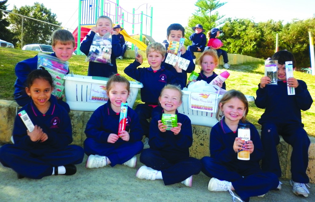 Children from St Bernadette’s pre-primary in Port Kennedy with their donations for national homeless week