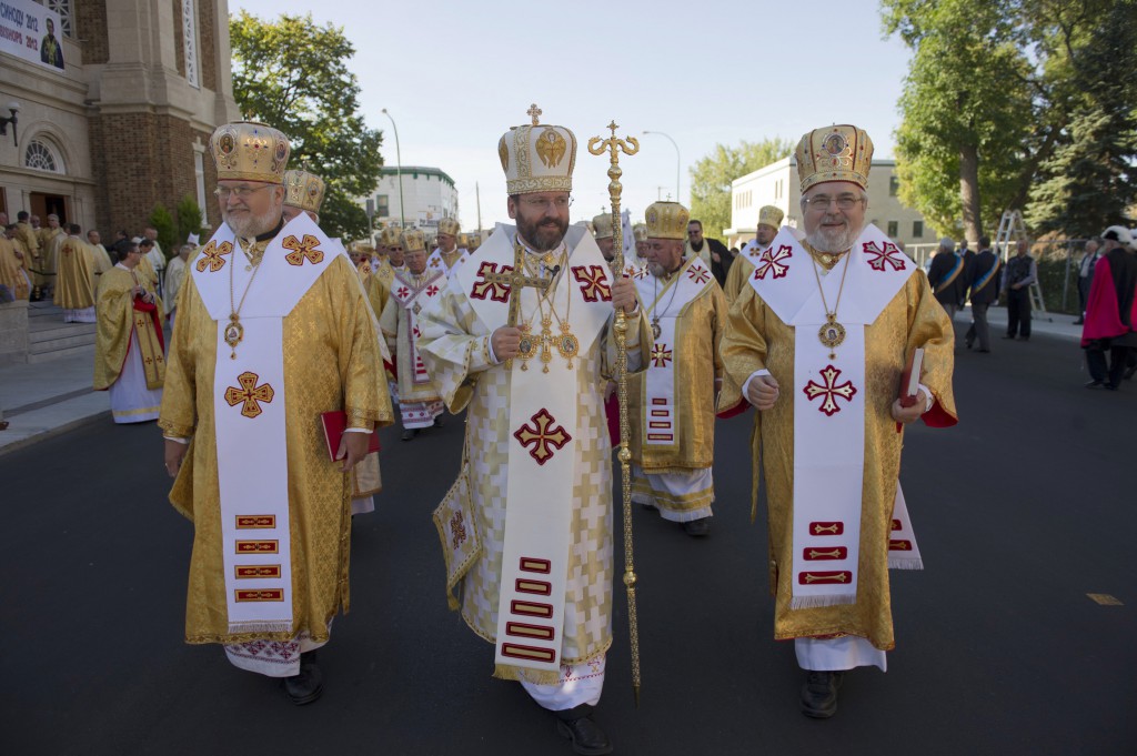 Together with fellow Ukrainian Catholic bishops, Archbishop Sviatoslav Shevchuk, major archbishop of the Ukrainian Catholic Church, processes outside Sts Volodymyr and Olha Cathedral in Winnipeg, Canada.