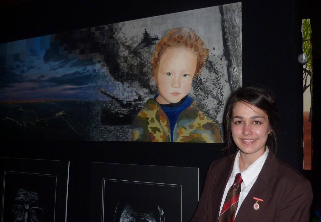 Angelico winner Caitlin Barker-Malcolm from Sacred Heart College in Sorrento with her winning artwork entitled New Game.