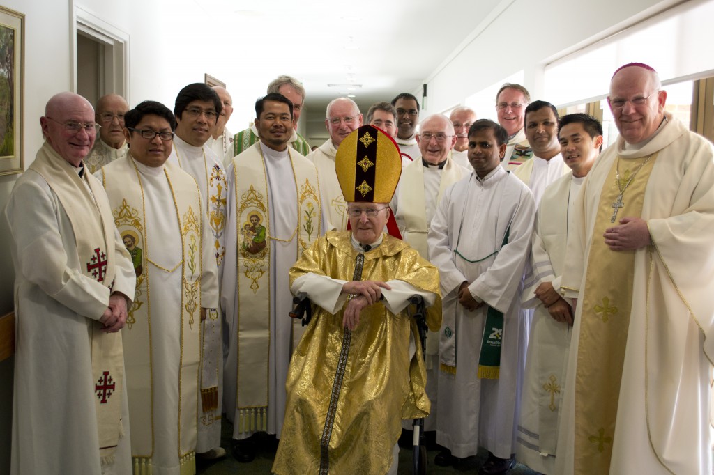 Former Bishop of Bunbury, Myles McKeon (93), surrounded by Bunbury clergy and Bunbury Bishop Gerard Holohan who came to celebrate his 50th Anniversary of Ordination as a Bishop. PHOTO: Sarah Motherwell