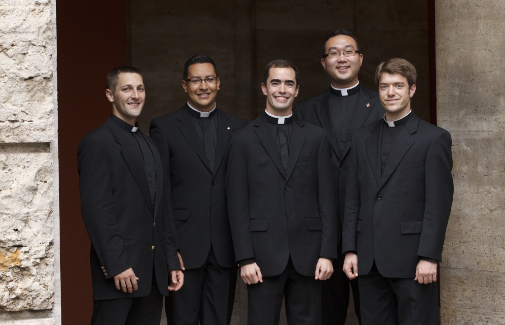 Many young seminarians are now influenced by Pope Benedict XVI, including these five new students pictured at the Pontifical North American College in Rome on September 5. From left are: Stephen Gadberry, Danny Pabon, Nathan Ricci, Timothy Ahn and Michael Hendershott.