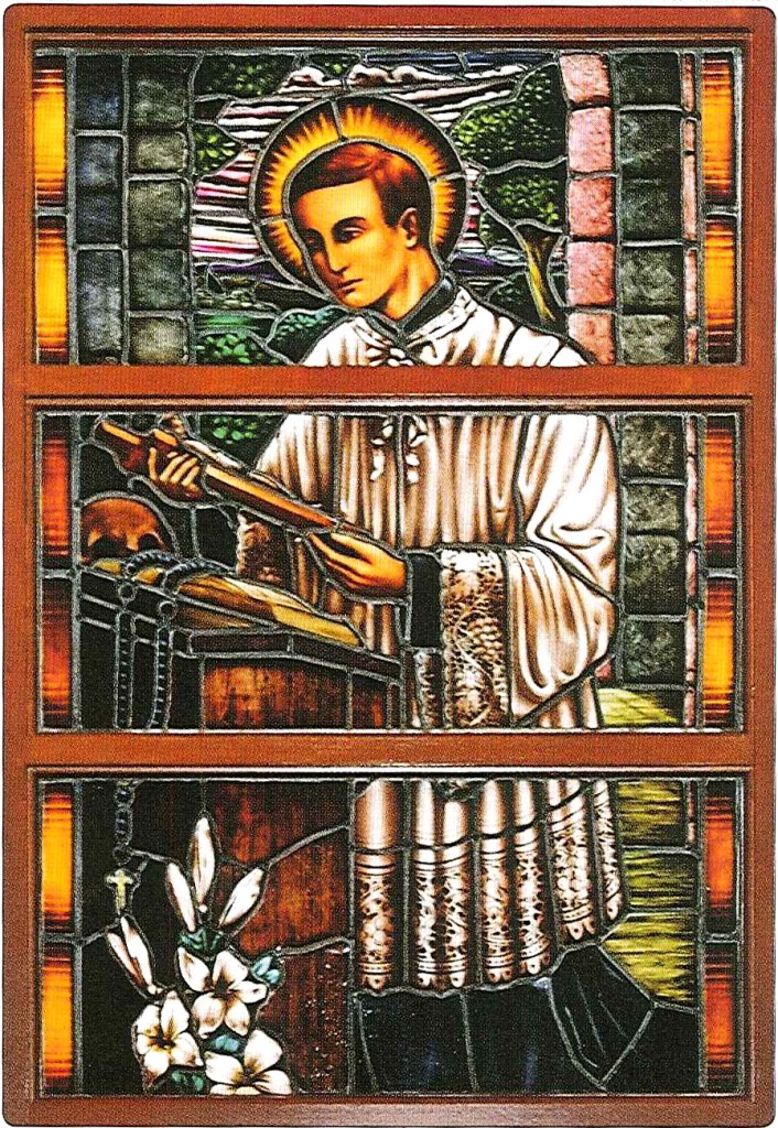 The stained glass window depicting St Aloysius in the Church.