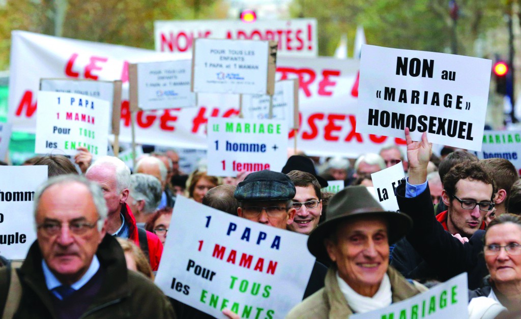 Opponents of same-sex marriage demonstrate in Paris on November 18 against the French government’s draft law to legalise marriage and adoption for same-sex couples.