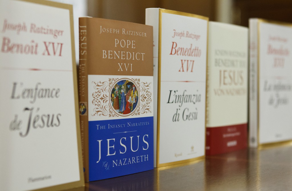 The English version of Pope Benedict XVI's new book, "The Infancy of Jesus," is seen among copies in other languages during a press conference for the release of the book to journalists at the Vatican.