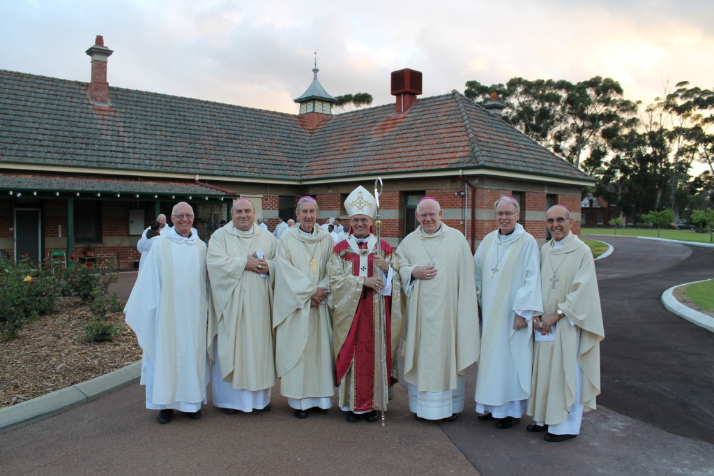 Mgr Harry Entwistle, the Ordinary of the new Australian Ordinariate for former Anglicans, at left, joined with Bishop Christopher Saunders of Broome, Archbishop Emeritus Barry Hickey, Archbishop Timothy Costelloe SDB, Bishop Gerard Holohan of Bunbury, Bishop Donald Sproxton of Perth and Bishop Justin Bianchini of Geraldton for the patronal feast of St Charles Seminary in Guildford on November 4.