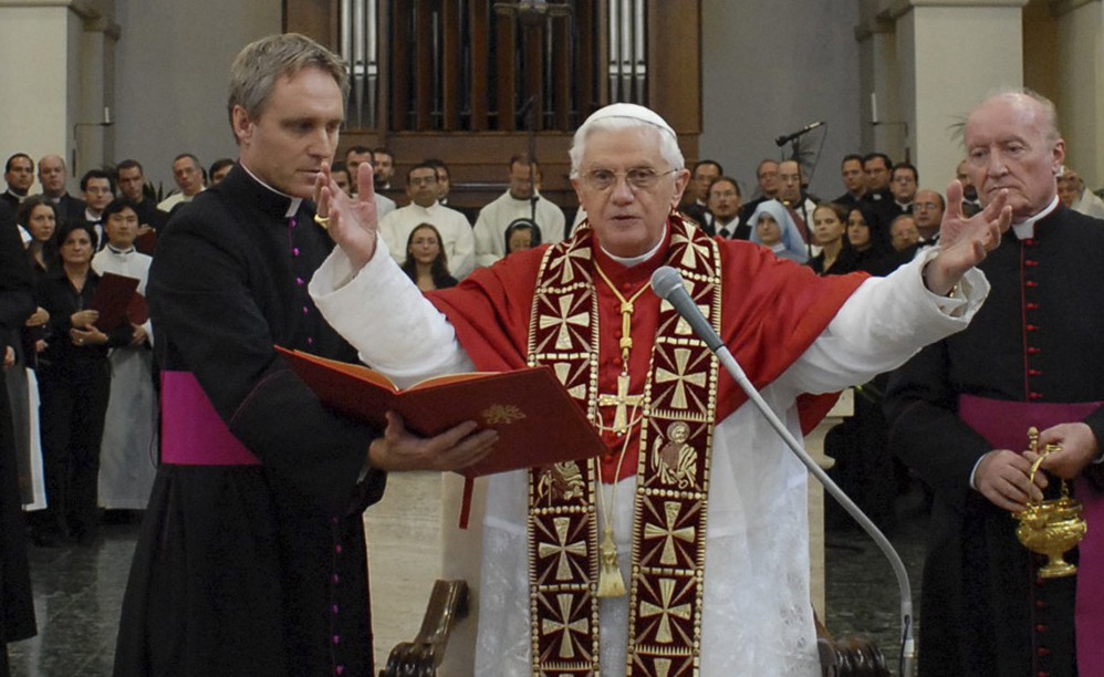 Pope Benedict XVI gives a blessing at the Pontifical Institute of Sacred Music in Rome.