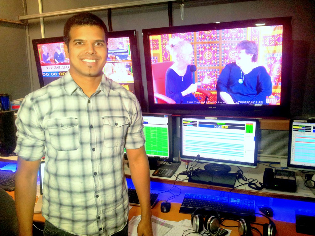 Warren Masilamony in the studios of WTV, the Perth community television station.