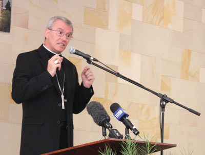 Perth Archbishop-designate Timothy Costelloe SDB addressing a media conference at St Mary’s Cathedral on 20 February.