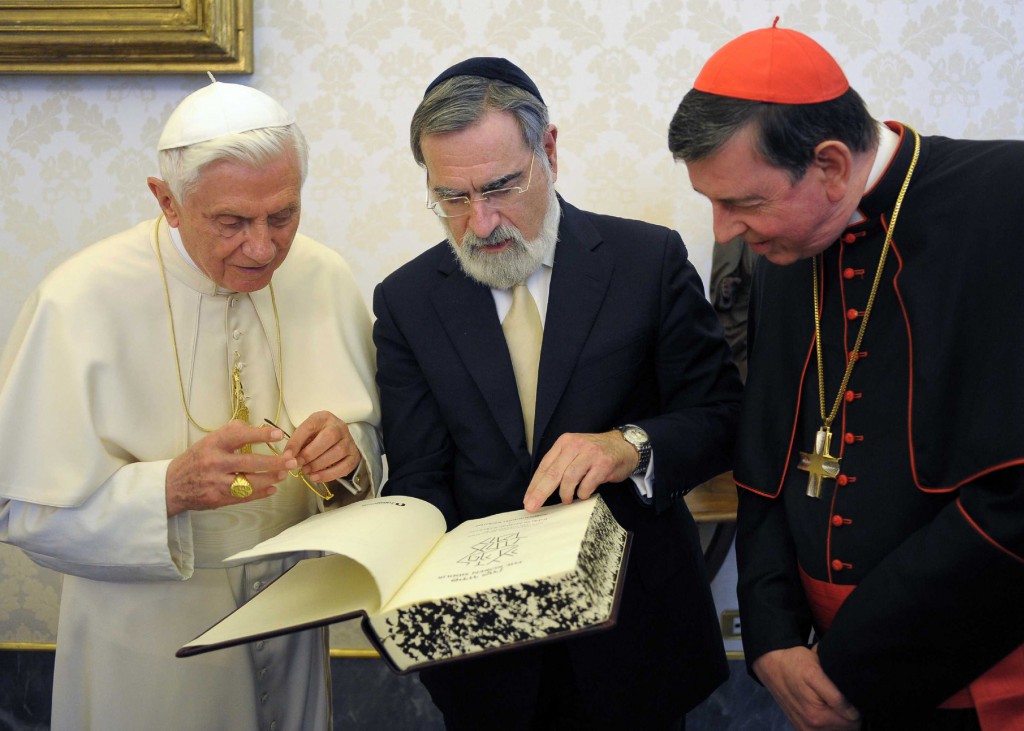 Pope Benedict XVI, Lord Jonathan Sacks, Chief Rabbi of the United Hebrew Congregations of the Commonwealth, and Swiss Cardinal Kurt Koch are pictured in 2011 at the Vatican. PHOTO: CNS/L'Osservatore Romano via Reuters