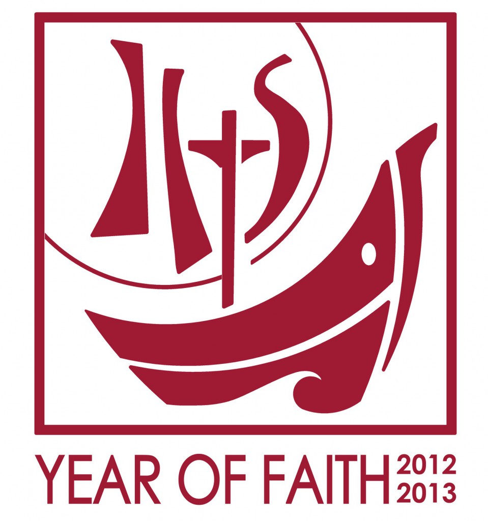 This is the English version of the 2012-2013 Year of Faith logo. The logo features a boat, which is a traditional symbol for the church. Its main mast is the cross and, with the sails, it forms the initials IHS, the "Christogram" standing for Jesus, savior of men. Behind the IHS, the sun evokes a eucharistic host. PHOTO: CNS