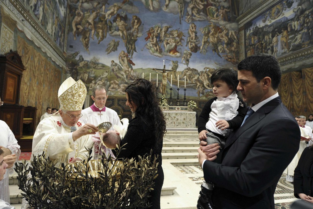 Pope Benedict XVI baptises a baby during a Mass in the Sistine Chapel at the Vatican on January 13. The Pope baptised 20 babies as he celebrated the feast of the Baptism of the Lord. The Pontiff told parents that baptism would bring their child into a “personal relationship with Jesus” that would give their lives meaning. PHOTO: CNS/L’Osservatore Romano