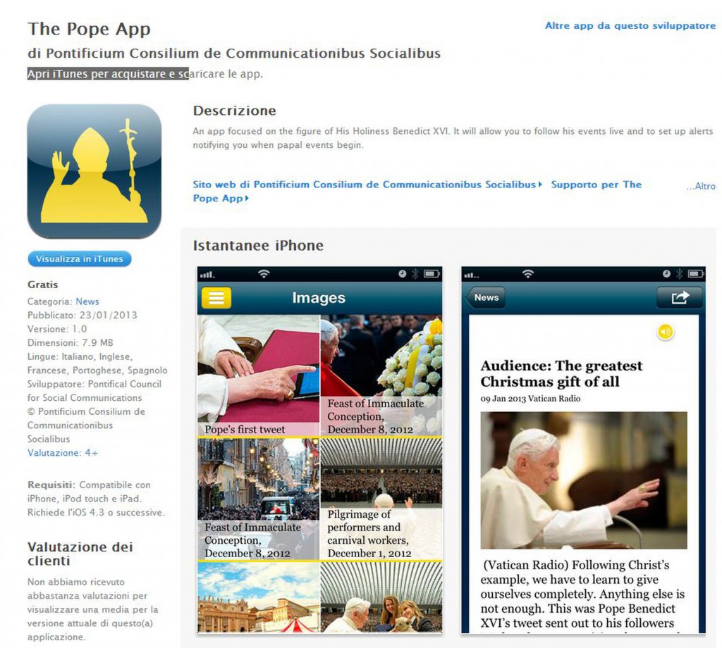 This is a screen capture of "The Pope App," launched by the Vatican Jan. 23, the eve of Pope Benedict XVI's World Communications Day message. PHOTO: CNS/Vatican 