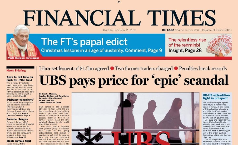 Front cover of the Financial Times Edition which featured a rare article by Pope Benedict XVI. PHOTO: Online Source