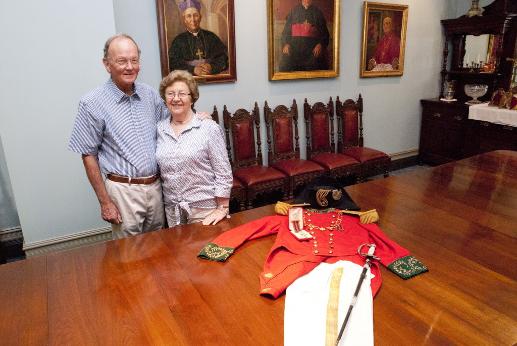 Tony and Pamela Quinlan with the late Timothy Quinlan’s Order of St Sylvester uniform. PHOTO: Robert Hiini