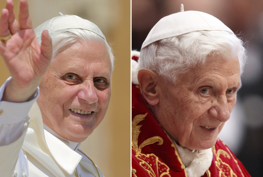 Pope Benedict XVI is shown in side-by-side images from 2005 and 2013. PHOTO: CNS/Nancy Phelan Wiechec/Paul Haring