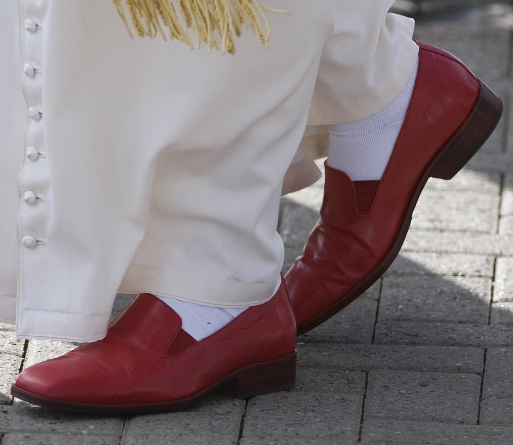 Pope Benedict will leave behind his emblematic red shoes after ending his papacy Feb. 28. A Vatican official said he will wear brown shoes, beginning with loafers he was given as a gift last March during a visit to Leon, Mexico. PHOTO: CNS/Derek Blair, Reuters