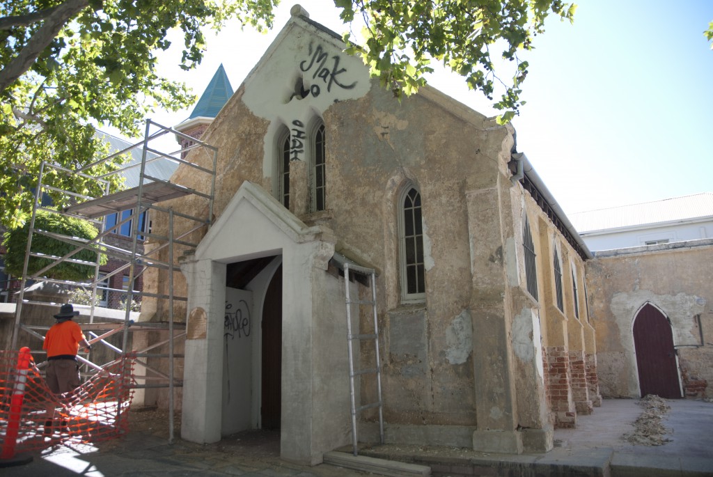St John’s Pro-Cathedral in inner city Perth this week, stripped of much of its exterior surface and revealing original brickwork. PHOTO: Matthew Biddle