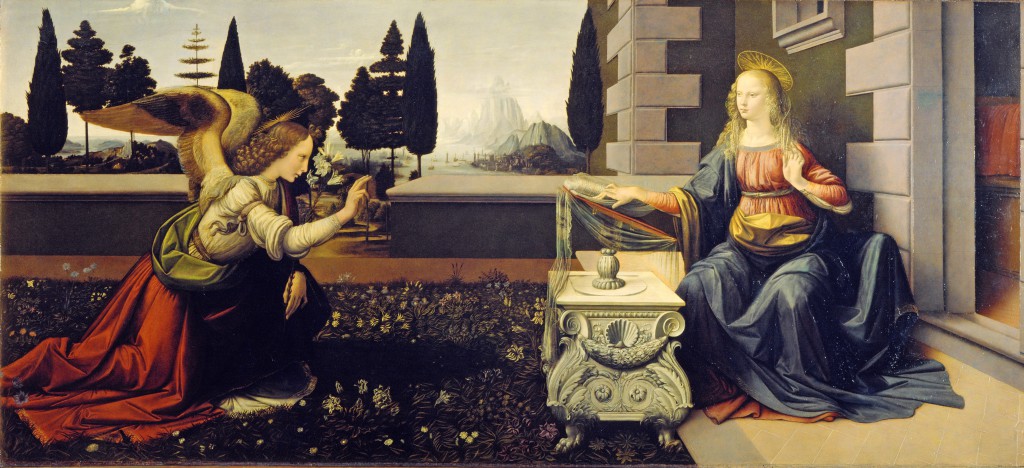 This is a painting of the traditional subject of the Annunciation, by the Italian Renaissance artists Leonardo da Vinci and Andrea del Verrocchio, dating from circa 1472–1475 and housed in the Uffizi Gallery of Florence, Italy.