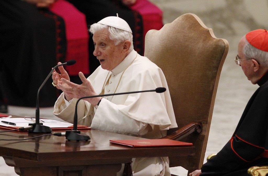 Pope Benedict XVI speaks during an audience with priests of the Diocese of Rome on Feb. 14 in Paul VI hall at the Vatican. PHOTO: CNS/Paul Haring