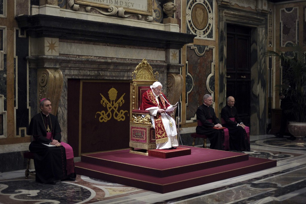 Pope Benedict XVI addresses the College of Cardinals at the Vatican Feb. 28, the final day of his papacy. In attendance were 144 cardinals, including many of the 115 younger than 80 who are eligible and expected to vote in the upcoming conclave. PHOTO: CNS/L'Osservatore Romano via Reuters