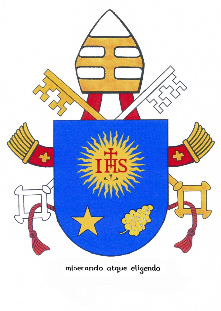 The coat of arms of Pope Francis borrows much from his former episcopal emblem. On the blue shield is the symbol of the Society of Jesus. Below it is a five-pointed star and the buds of a spikenard flower, which represent respectively Mary and St. Joseph. The papal motto is the Latin phrase "Miserando atque eligendo," which means "because he saw him through the eyes of mercy and chose him" or more simply, "having mercy, he called him." The phrase comes from a homily by St. Bede. PHOTO: CNS