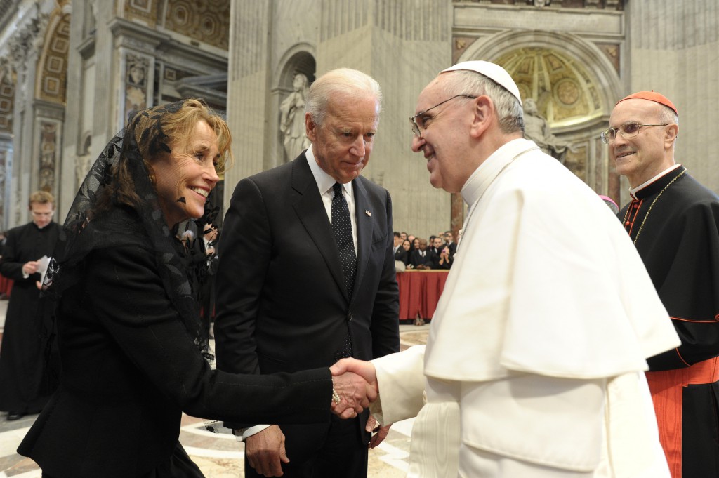 U.S. Vice President Joe Biden and his sister, Valerie Biden Owens, are greeted by Pope Francis in St. Peter's Basilica at the Vatican March 19 as the new pontiff receives dignitaries following his inaugural Mass. PHOTO: CNS/L'Osservatore Romano