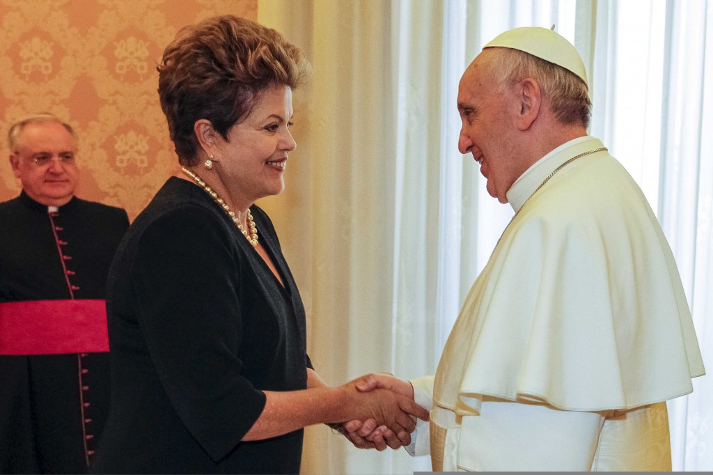 Pope Francis greets Brazil's President Dilma Rousseff at the Vatican March 20, the day after the 76-year-old Jesuit was inaugurated as the leader of the world's 1.2 billion Catholics. PHOTO: CNS/Roberto Stuckert Filh, Brazilian Presidency handout via Reuters