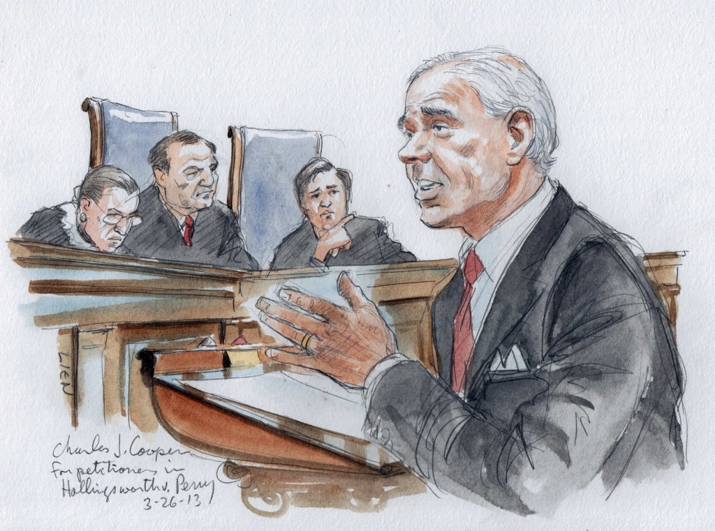 An artist's rendering shows attorney Charles Cooper arguing in support of California's Proposition 8 on March 26 in the U.S. Supreme Court in Washington. PHOTO: CNS/Art Lien, Reuters