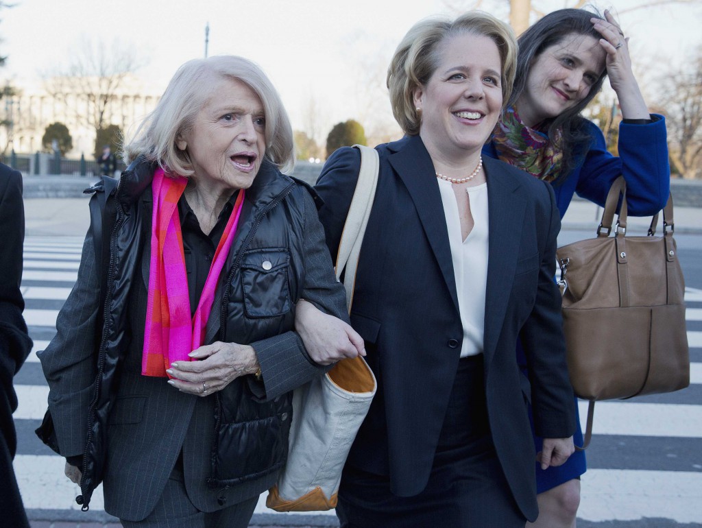 Edie Windsor, left, plaintiff in the lawsuit against the Defense of Marriage Act, arrives with her attorney Roberta Kaplan on March 27 at the Supreme Court in Washington. PHOTO: CNS/Joshua Roberts, Reuters