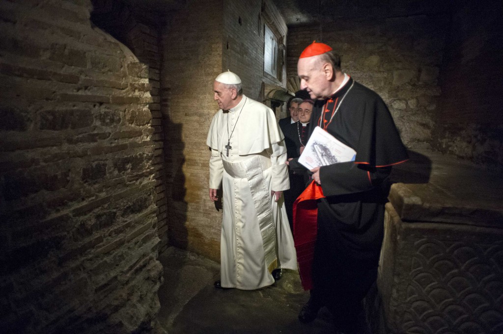 Pope Francis visits the excavated necropolis below St. Peter's Basilica on April 1 at the Vatican. The necropolis is where St. Peter's tomb has been venerated since early Christian times and where the first church dedicated to him was built. PHOTO: CNS/L'Osservatore Romano via Reuters