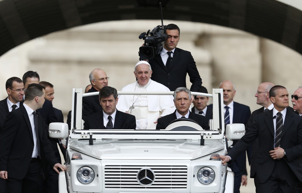 Pope Francis arrives to lead his general audience on April 3 in St. Peter's Square at the Vatican. PHOTO: CNS/Paul Haring