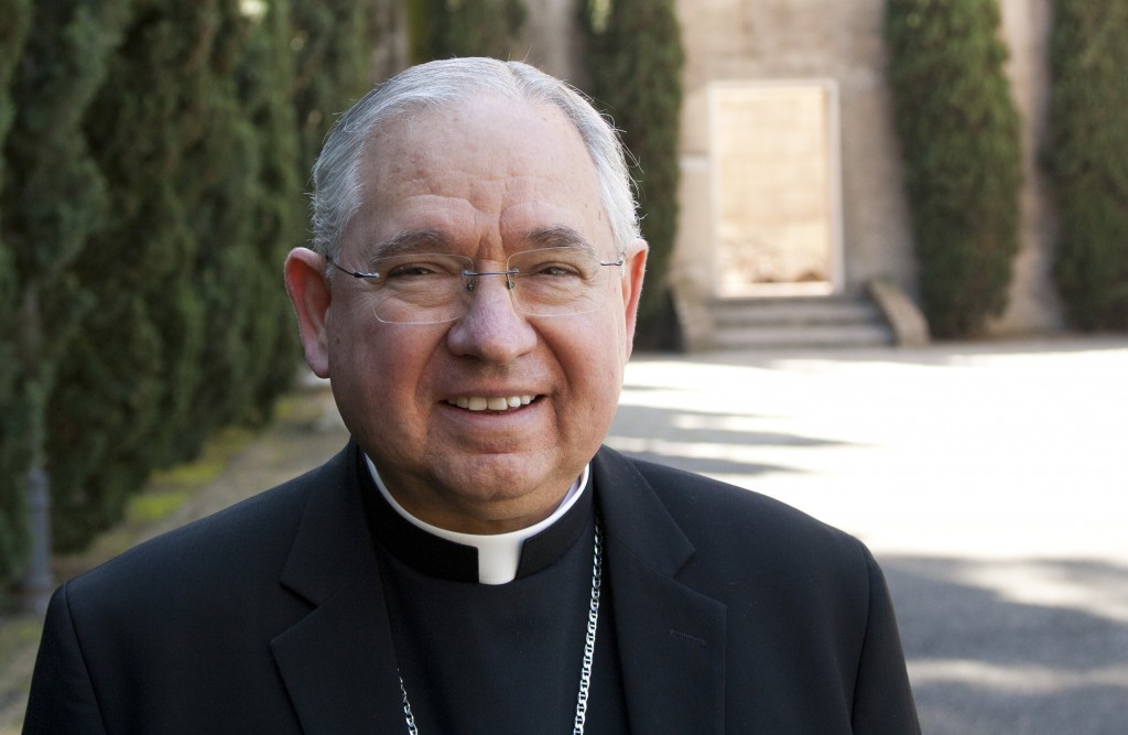 Archbishop Jose H. Gomez of Los Angeles is pictured on April 11 after an interview at the Pontifical North American College in Rome. PHOTO: CNS/Paul Haring