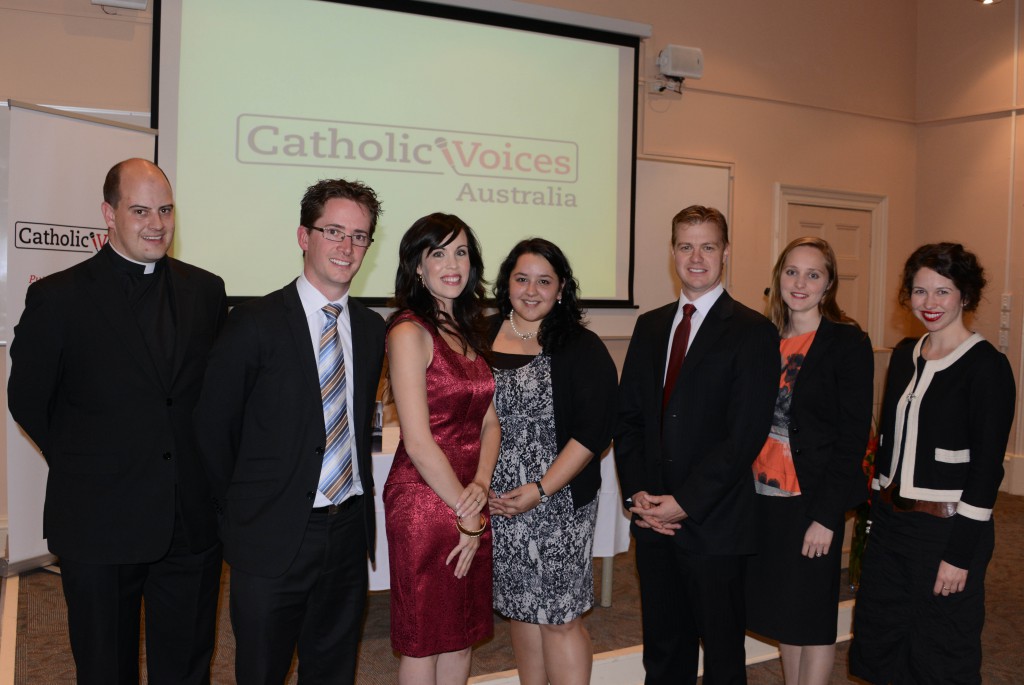 The founders of Catholic Voices Australia with Fr Nicholas Pearce at the organisation’s launch on April 4. From left to right: Chris Bergin, Kathleen Bergin, Penny Badwal, Robert Dugdale, Madeleine Dugdale, Therese Nichols. PHOTO: FIONA BASILE, KAIROS CATHOLIC JOURNAL