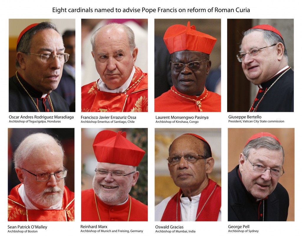 The panel of eight cardinals that Pope Francis had established to advise him on reform of the Vatican bureaucracy. PHOTOS: CNS/Paul Haring