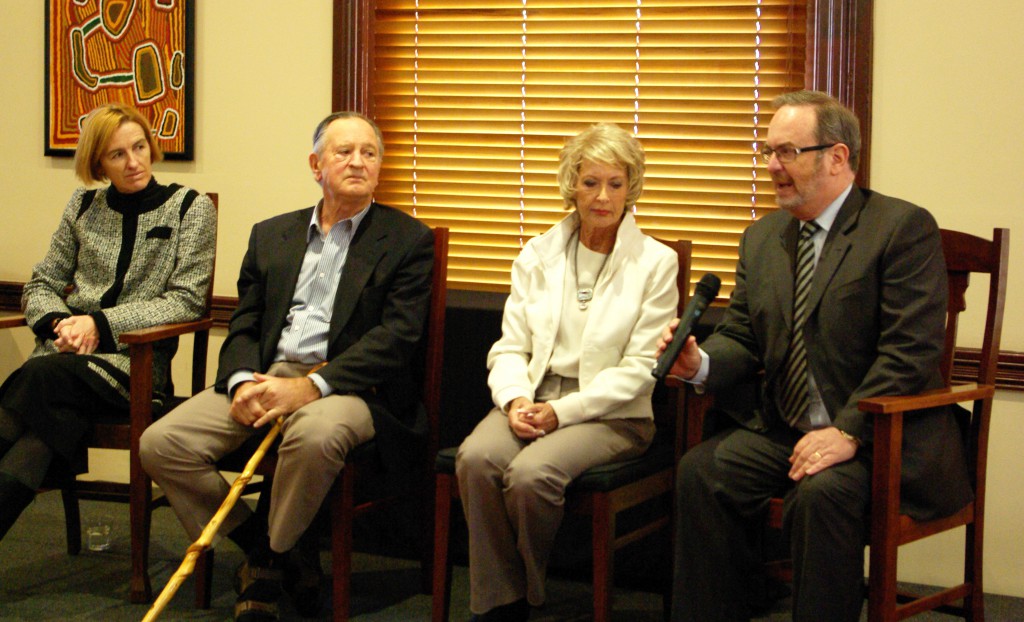 As UNDA Vice-Chancellor Celia Hammond, far left, looks on, Professor Gavin Frost, far right, explains how the generosity of Geoff and Moira Churack, middle, presents “an exciting opportunity” for the university and its students to be at the forefront of research into the treatment of chronic pain.