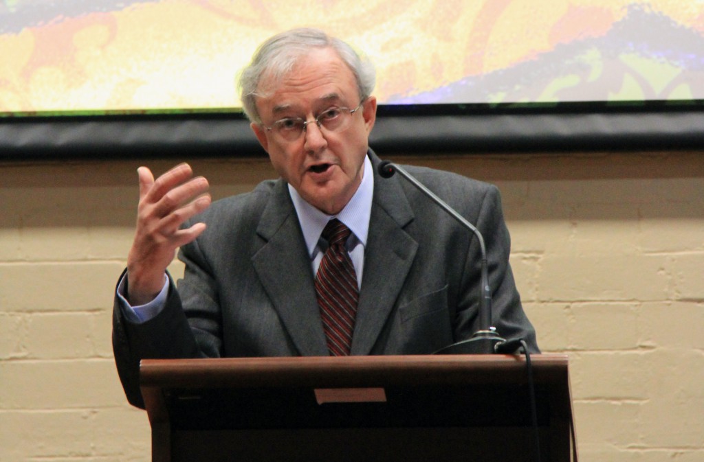 Philosopher Prof John Finnis giving a lecture on euthanasia and same-sex marriage at the University of Notre Dame, Sydney, recently. PHOTO: UNDA