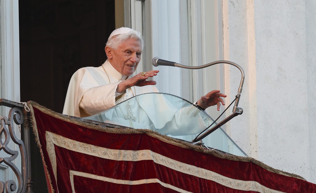 Pope Benedict XVI greets a crowd gathered for his arrival on Feb. 28 in Castel Gandolfo, Italy. 