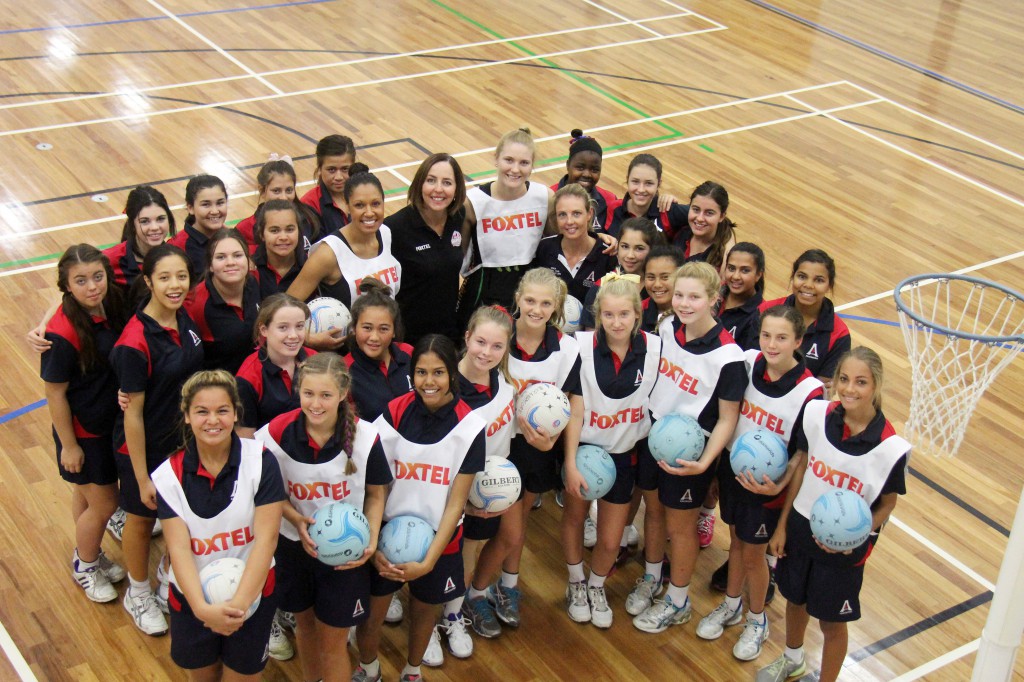 Australian netball great and former Diamonds captain Liz Elliz (centre) launching the Foxtel All-Stars Liz Ellis Academy at Aranmore Catholic College in Leederville surrounded by Aranmore students. The academy will have 500 places for children aged 12-16. PHOTO: Aranmore Catholic College