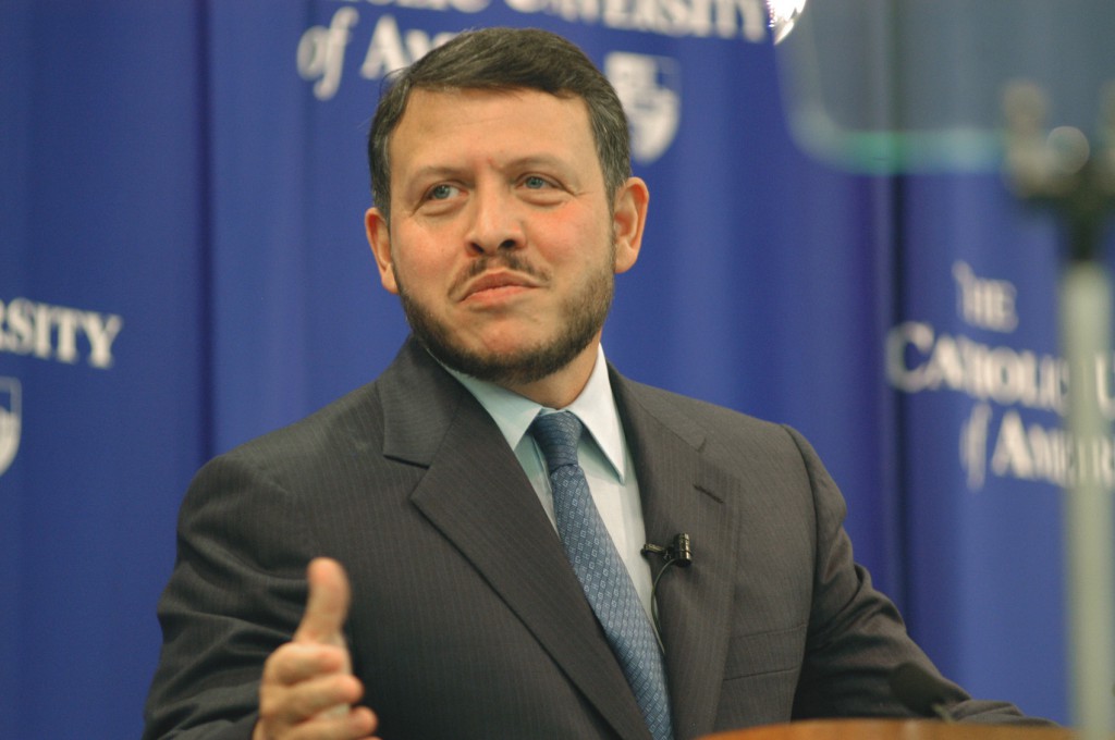 Jordan's King Abdullah II gives an address in 2005 at The Catholic University of America in Washington. Pope Francis would interrupt the last week of his summer break in order to meet on Aug. 29 with Jordan's King Abdullah II to discuss its neighbour Syria and the atrocities occuring in recent times. PHOTO: CNS/Gary Pierpoint, Catholic University of America