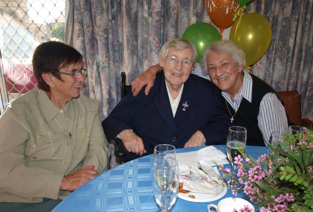 Sr Joan Buckham, Sr Mary Scholastica and Sr Jilyan Dingle celebrating Sr Scholastica's 100th birthday on August 22 at Mercyville Hostel, Craigie.