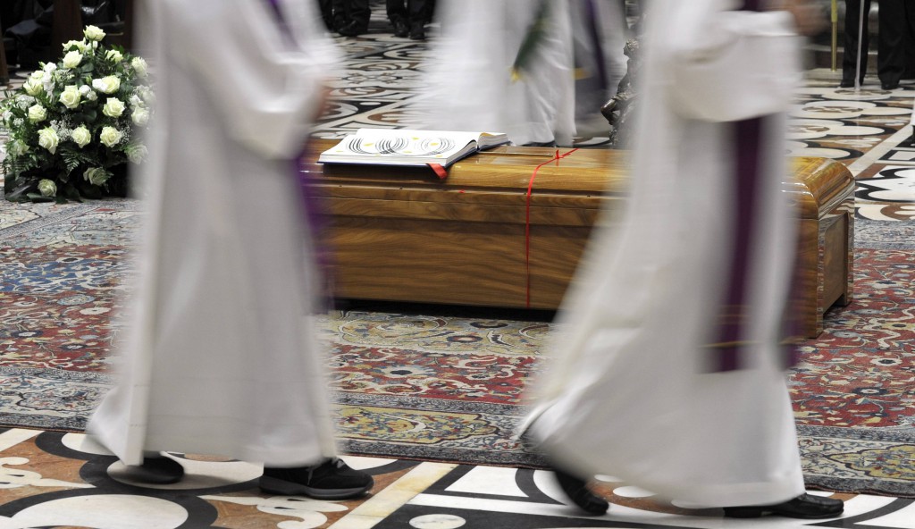The coffin of Cardinal Carlo Maria Martini is seen during his funeral Mass at the cathedral in Milan Sept. 3. Cardinal Martini, a renowned biblical scholar, died Aug. 31 at the Jesuit retirement center near Milan after a long battle with Parkinson's disease. PHOTO: CNS/Paolo Bona, Reuters