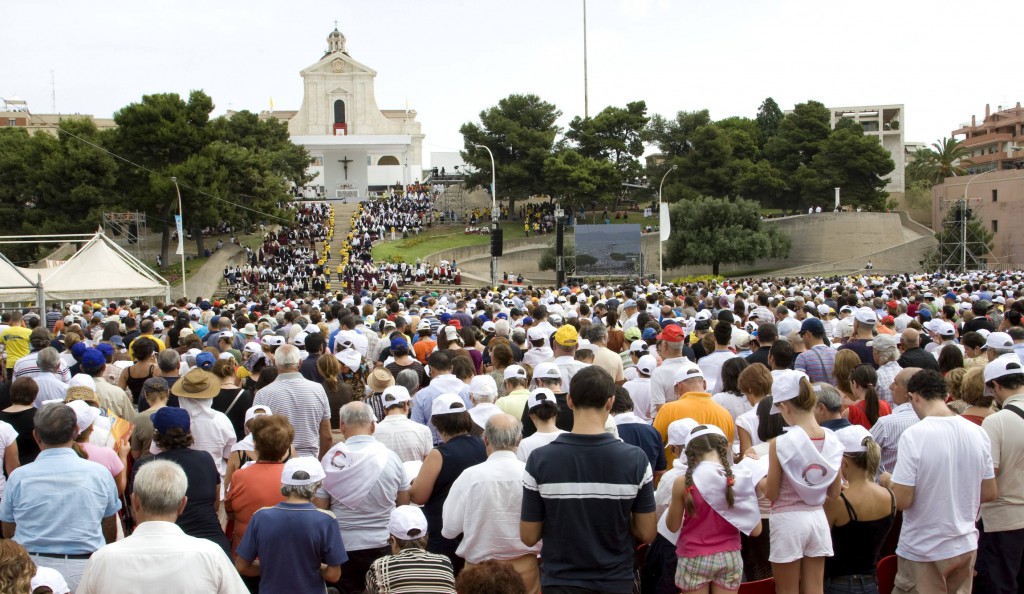 Pope Benedict XVI celebrates Mass in front of the Basilica of Our Lady of Bonaria during a 2008 pastoral visit to Cagliari, Sardinia. Pope Francis announced in May that he wished to visit the city of Cagliari because he wanted to venerate the icon there of Our Lady of "Bonaria" or "Buona Aria" ("good air" or "fair wind"), the namesake of his native city of Buenos Aires. 