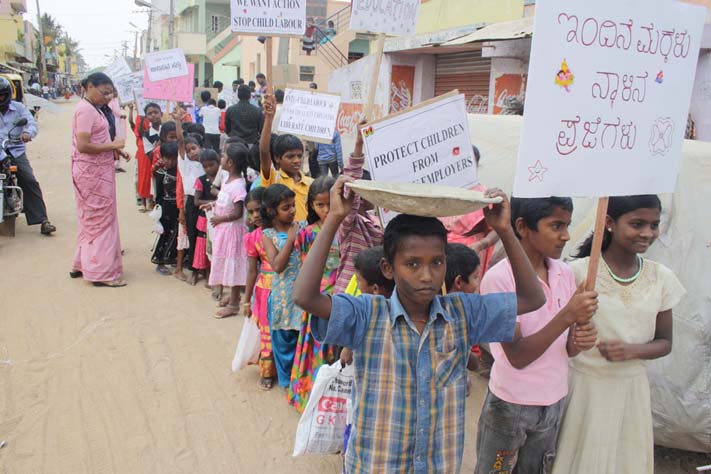 Children participate in a protest against the use of child labour in Bangalore, part of Norbertine priest and judge Fr Antony Sebastion's advocacy work.