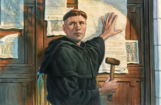 An illustration of Martin Luther nailing his 95 Thesis to the church door.
