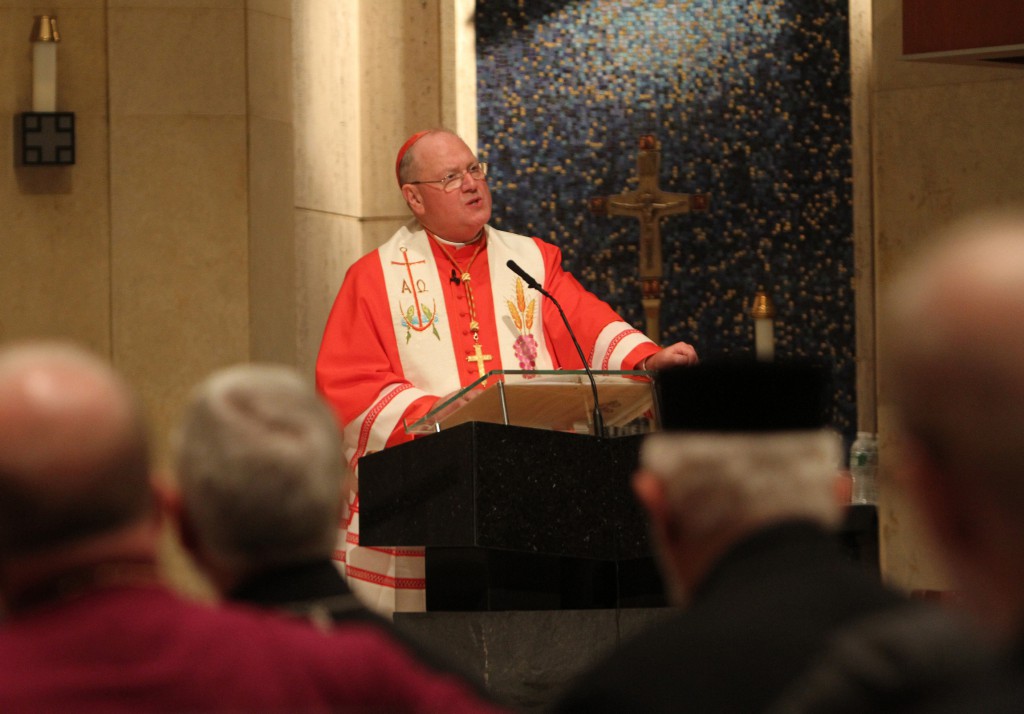 Cardinal Timothy M. Dolan of New York addresses the congregation during an interreligious prayer service on Sept. 16 at the Church of the Holy Family in New York. PHOTO: CNS/Gregory A. Shemitz