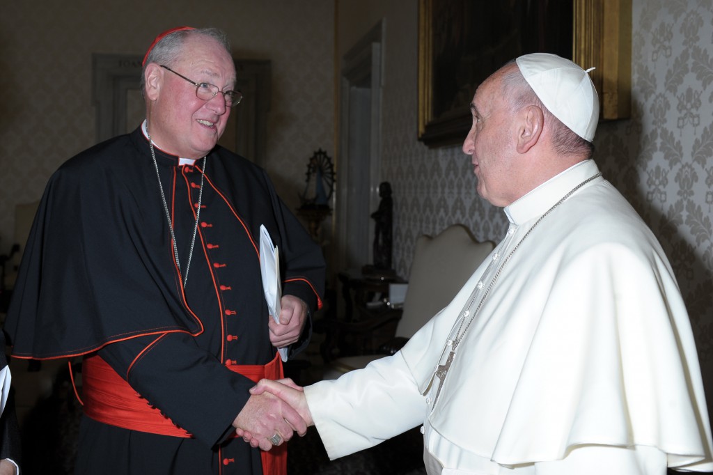 Pope Francis greets New York Cardinal Timothy M. Dolan, president of the U.S. Conference of Catholic Bishops, at the Vatican Oct. 7. Leaders of the USCCB were at the Vatican for an annual meeting. PHOTO: CNS/L'Osservatore Romano