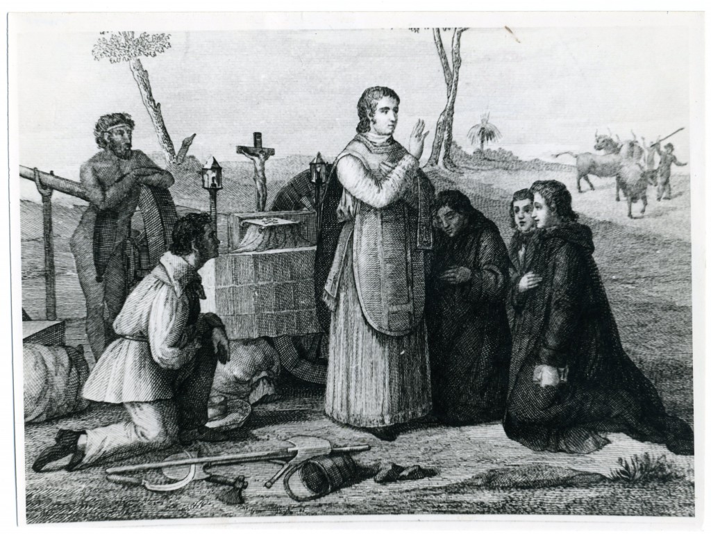 A 19th-century depiction of the first Mass celebrated by the Benedictine missionaries, on top of a cart in the middle of the Western Australian bush.PHOTO: Courtesy Benedictine Community of New Norcia