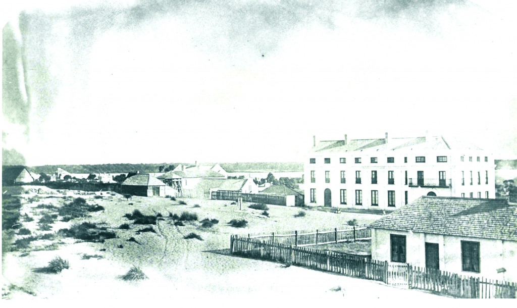 The view of Victoria Square and the Bishop’s Palace circa 1860. The Bishop’s Palace on the right was completed in 1856 prior to the completion of a new cathedral for Perth. The cathedral at that time was the small church of St John the Evangelist, the second building to the left of the Bishop’s Palace. PHOTO: Courtesy Mrs Dorothy Croft