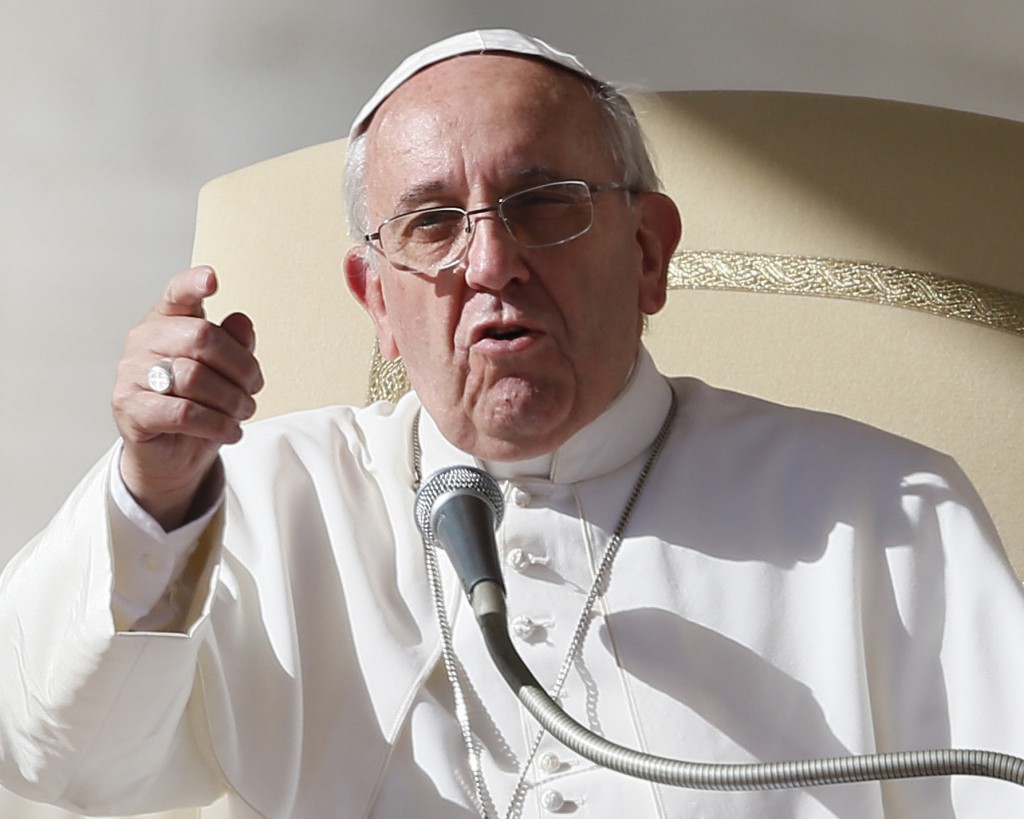 Pope Francis makes a point as he speaks on Nov. 6 during his general audience in St. Peter's Square at the Vatican. PHOTO: CNS/Paul Haring